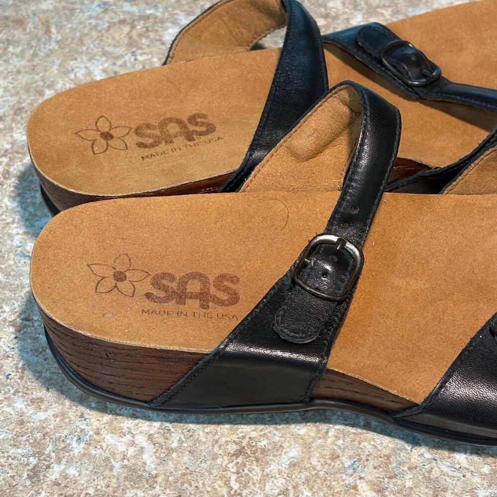 SAS Shelly Brown & Black Toe Loop Leather Sandal Slides Shoes Size 8 Wide - Picture 6 of 11